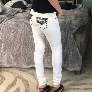 Antique rivet embellished white skinny jeans